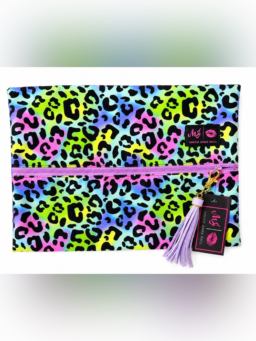 Makeup Junkie Neon Leopard LARGE Cosmetic Pouch-Multi-Color with Purple Tassel